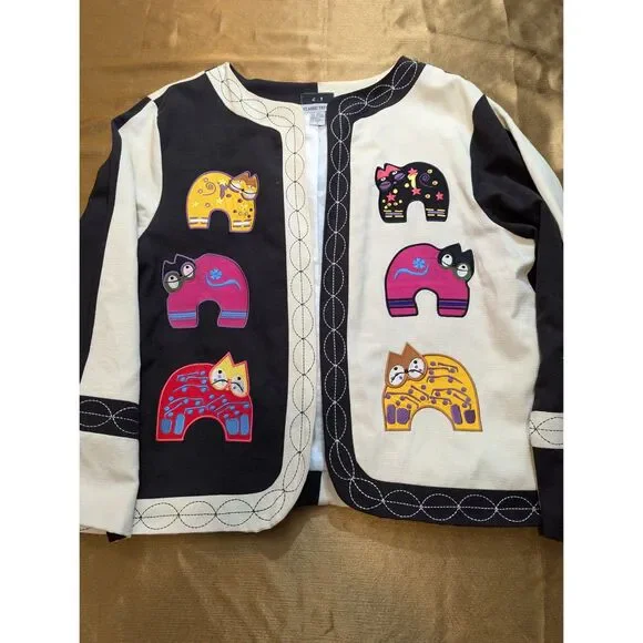 Classic Trend 90s/Y2K Linen Blend Cat Appliqué Jacket Colorblock Black Cream L - Picture 2 of 8